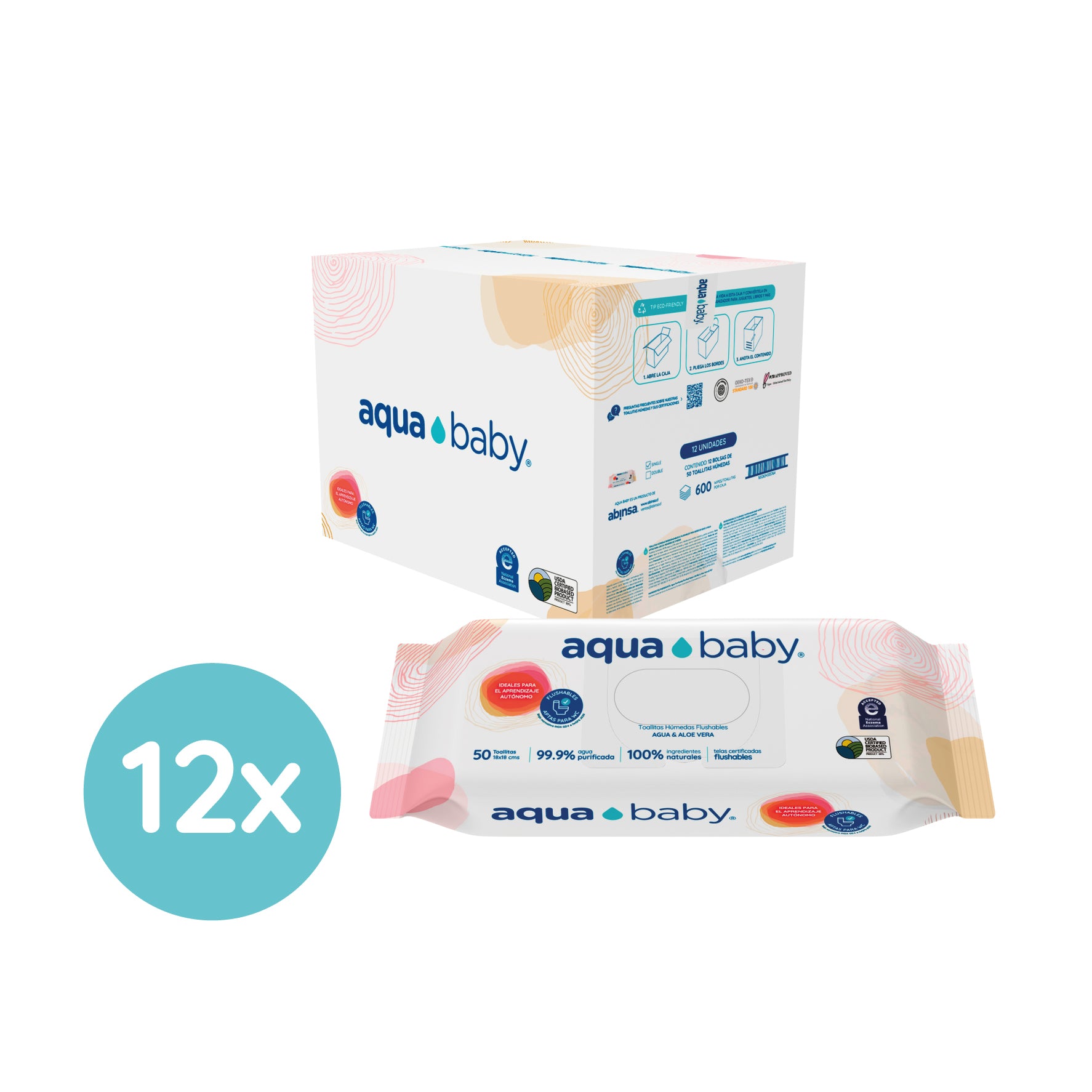 Aqua Baby Flushables 12 Bolsas de 50 Toallitas Húmedas