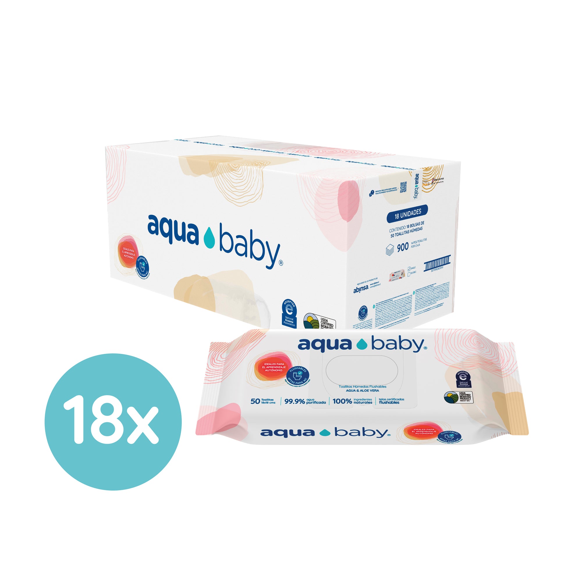 Aqua Baby Flushables 18 Bolsas de 50 Toallitas Húmedas